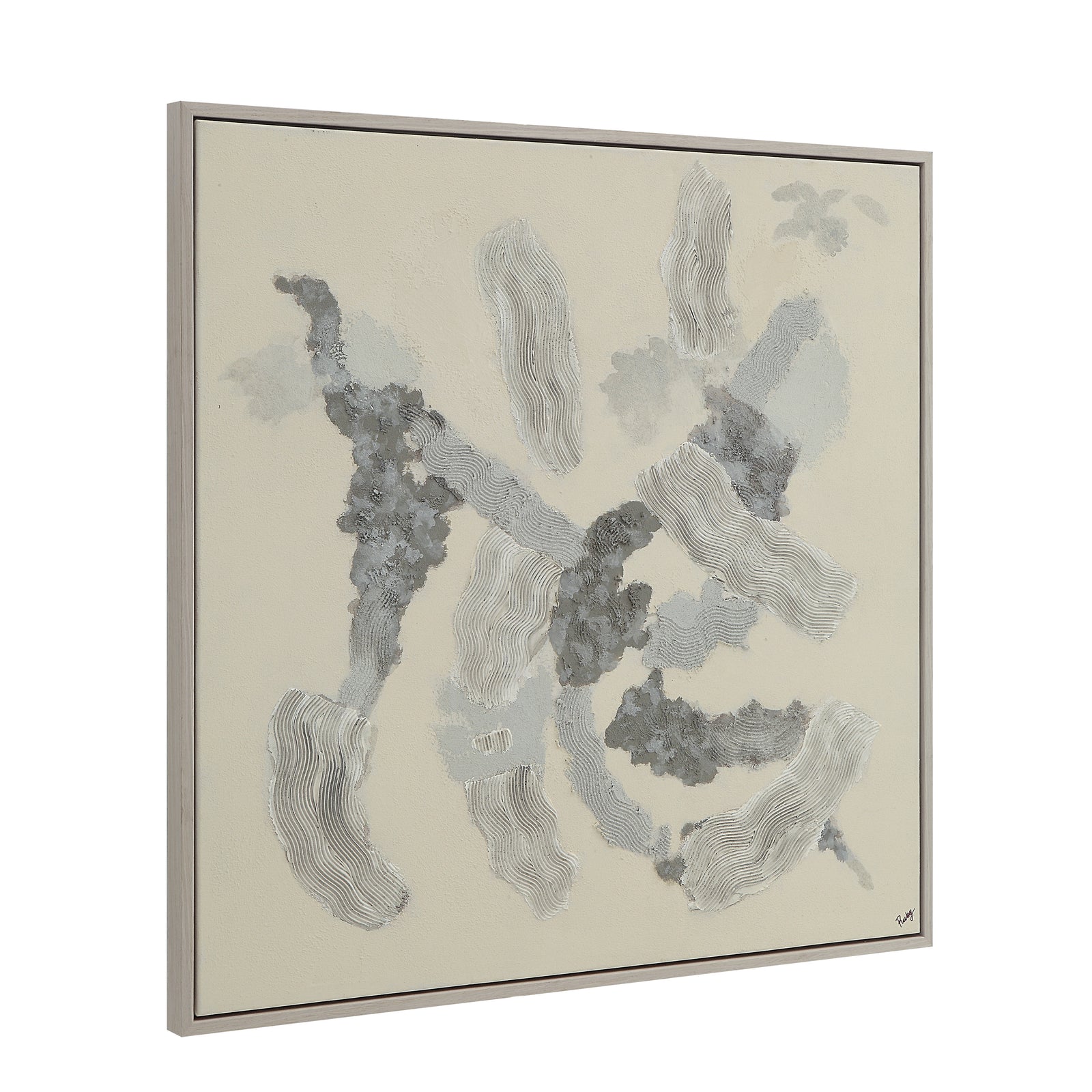 Maputo canvas art featuring abstract gray and white patterns on a light background.