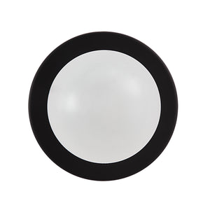 Thessa Wall Sconce with a round white glass shade and black circular frame.