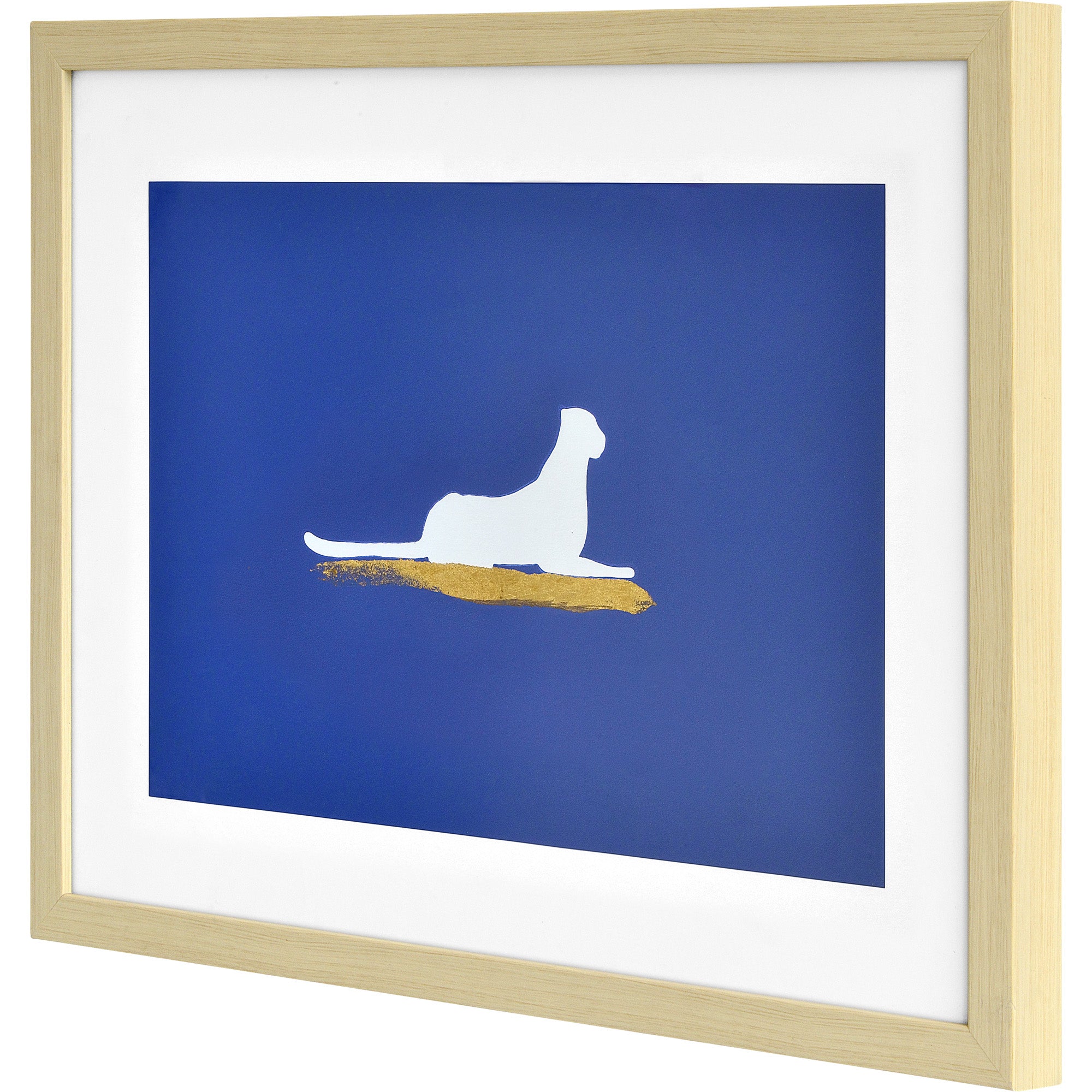 Makalu Wall Art featuring a white silhouette of a cat on a blue background with gold accents.