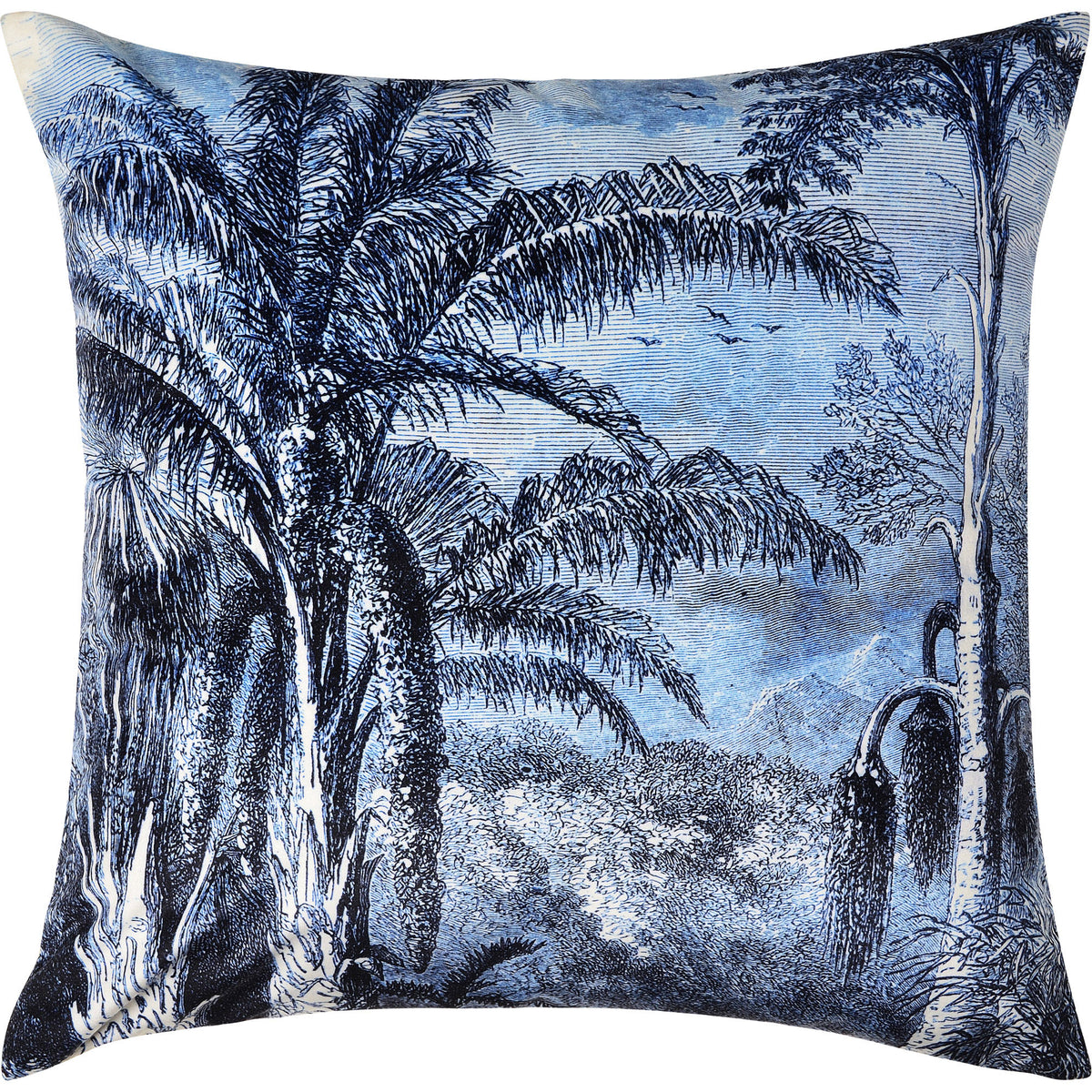Jona Indoor Pillow featuring a blue and white palm tree design on a textured fabric.