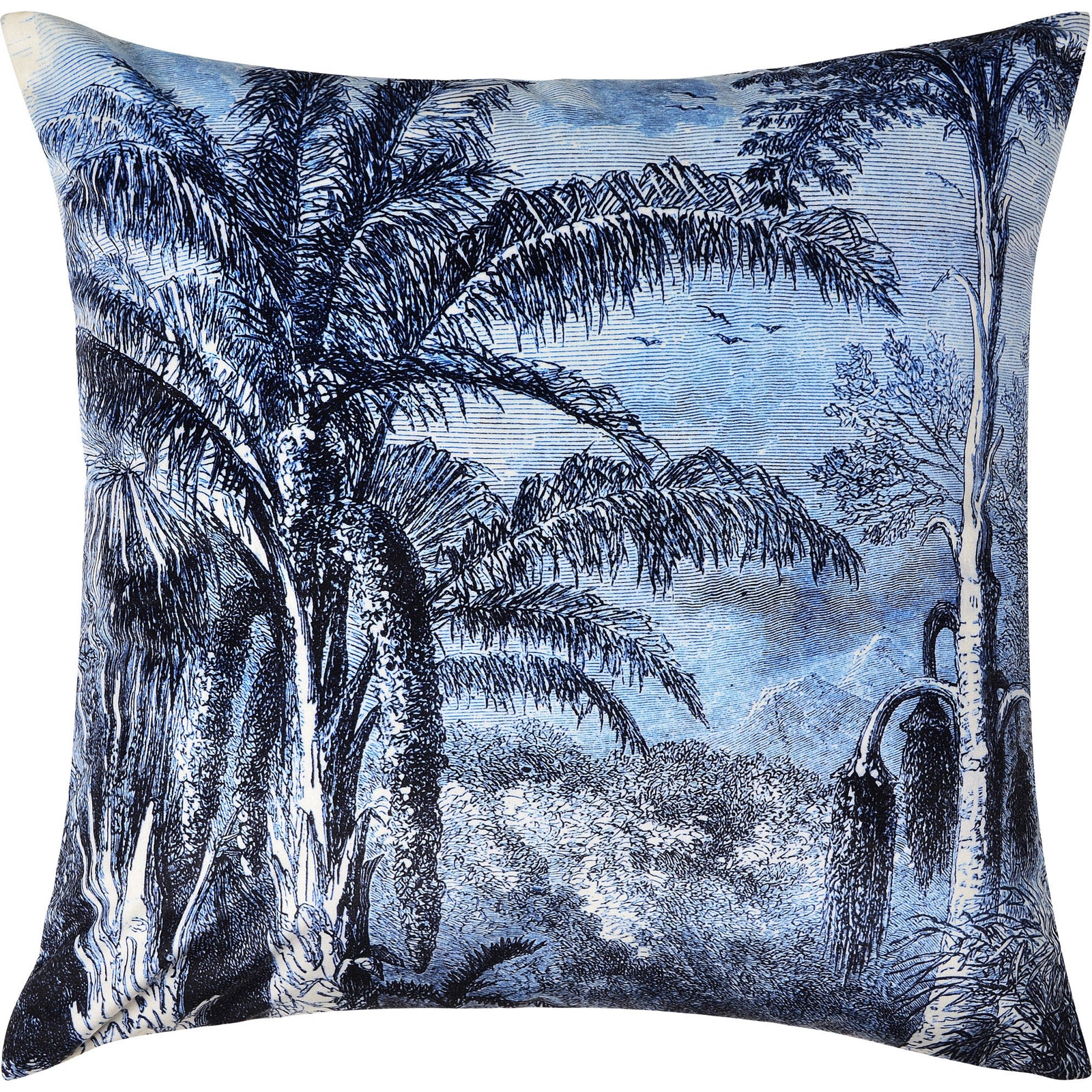 Jona Indoor Pillow featuring a blue and white palm tree design on a textured fabric.