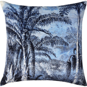 Jona Indoor Pillow featuring a blue and white palm tree design on a textured fabric.