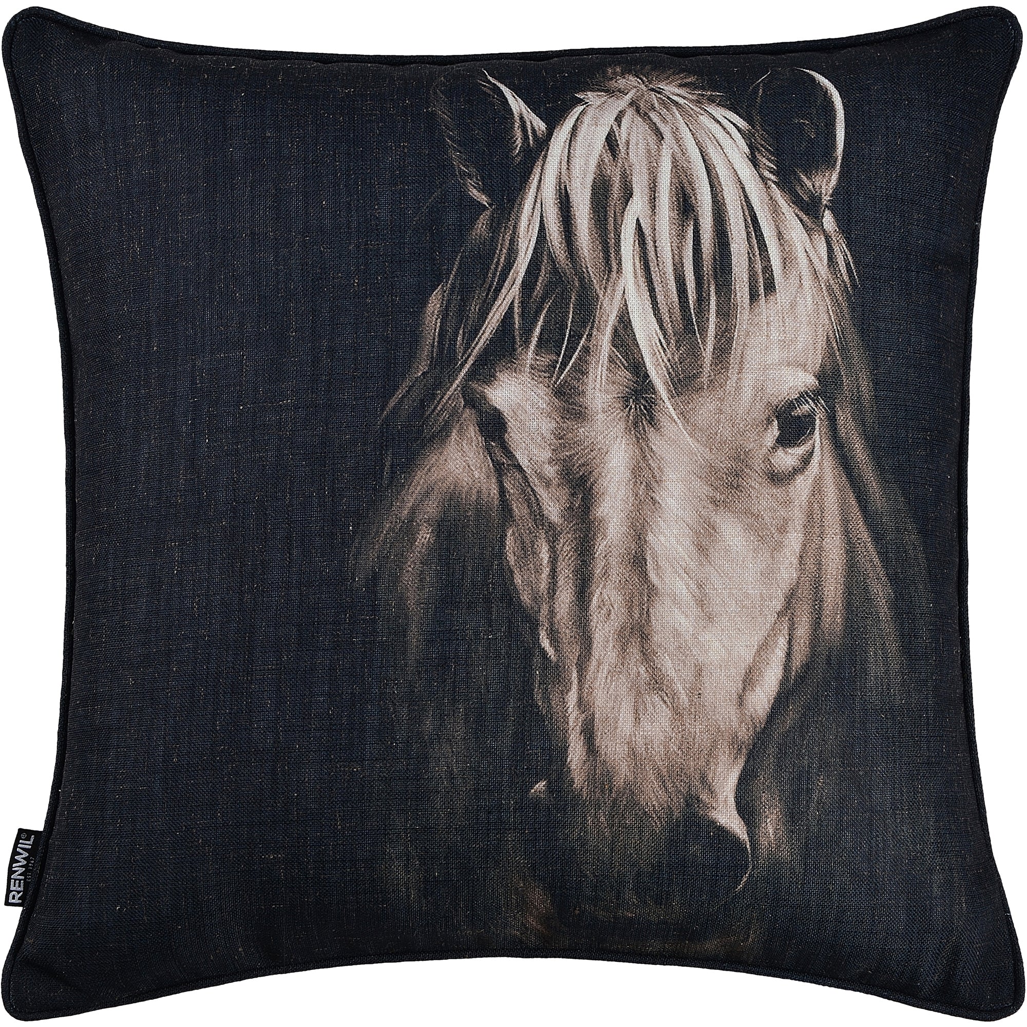 Del Rio Indoor Pillow featuring a horse portrait on a dark background
