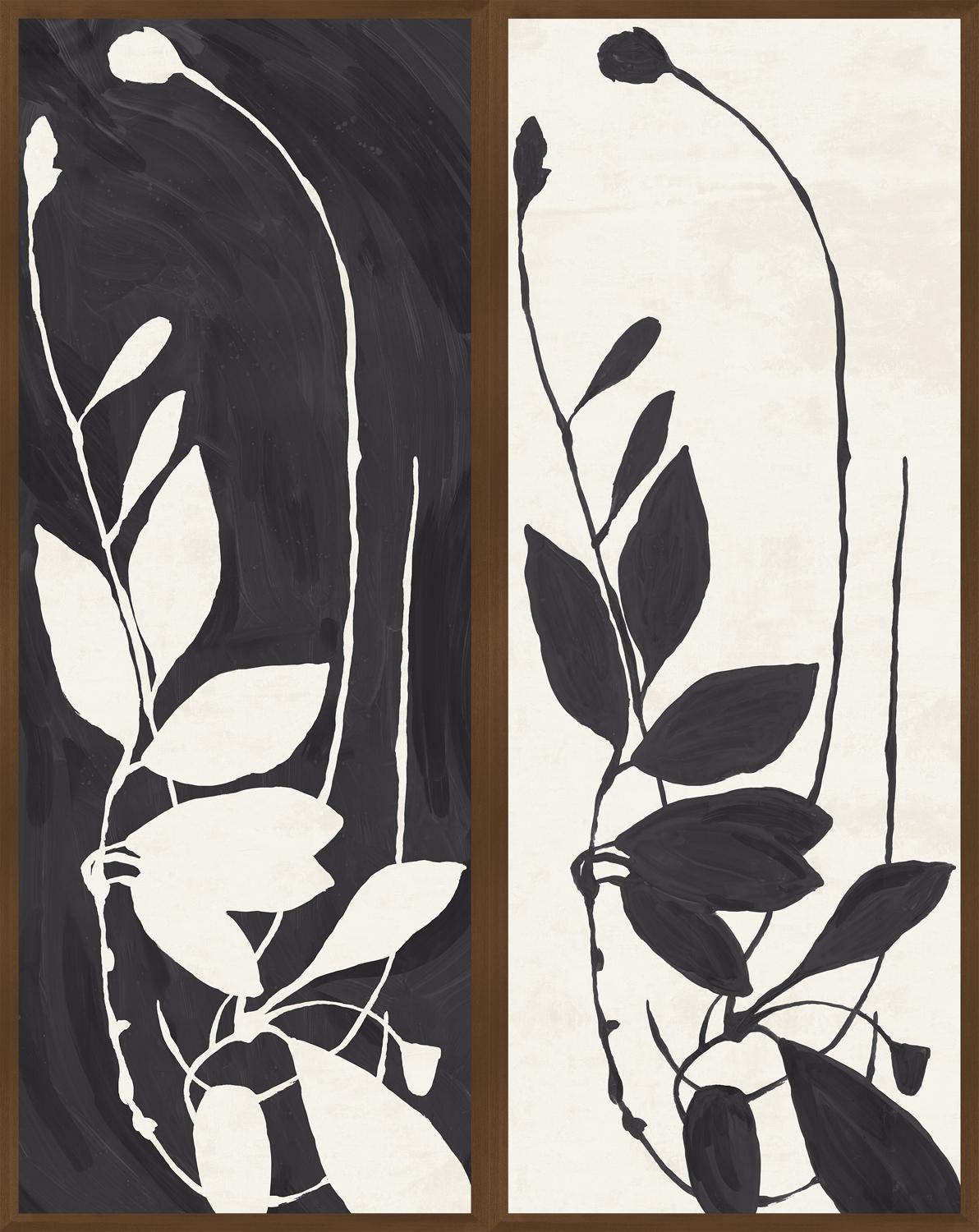 Two abstract art pieces with black and white plant-like shapes on dark and light backgrounds.