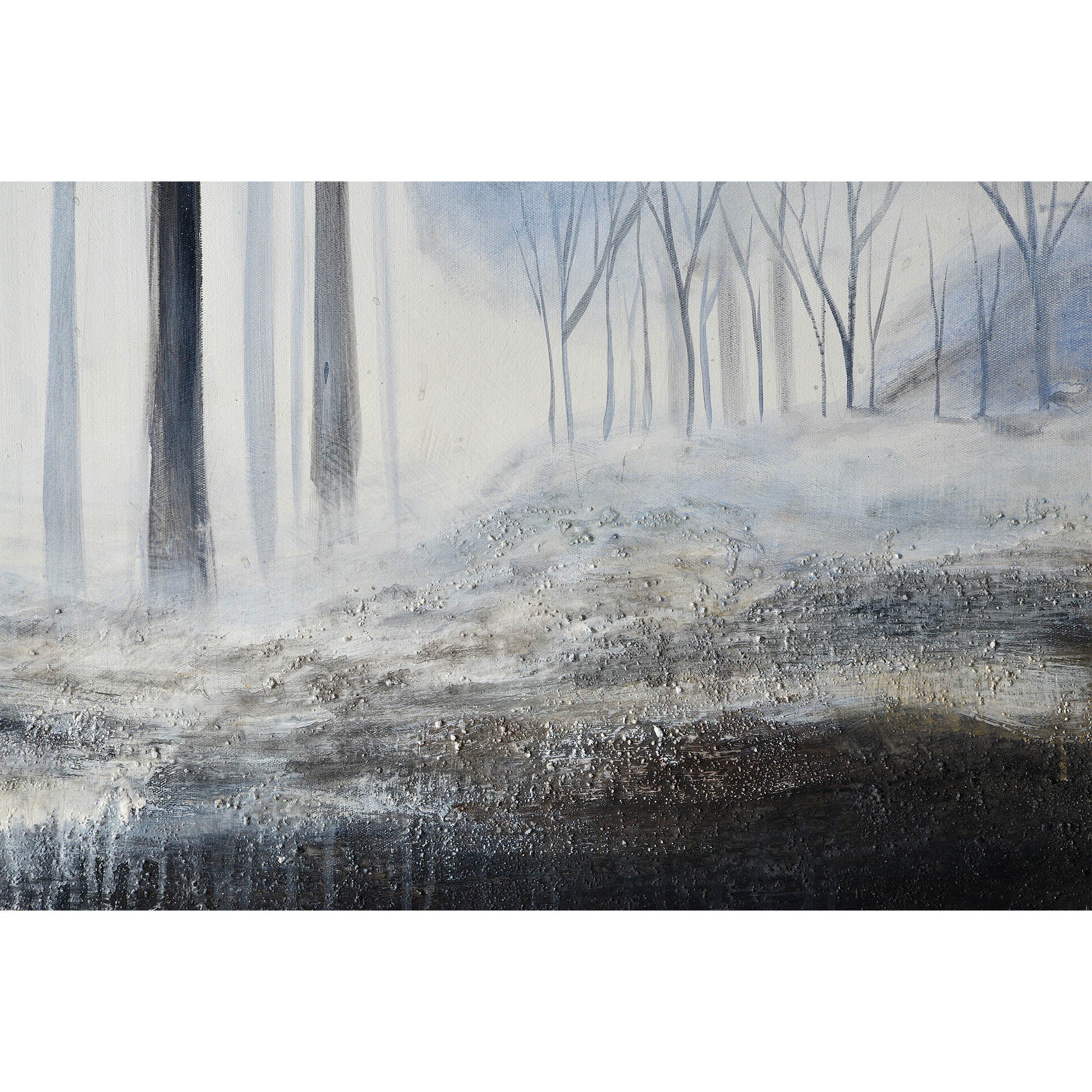Close-up of Rainier Canvas Art highlighting the textured surface of a foggy landscape.