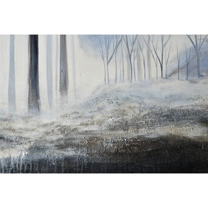 Close-up of Rainier Canvas Art highlighting the textured surface of a foggy landscape.