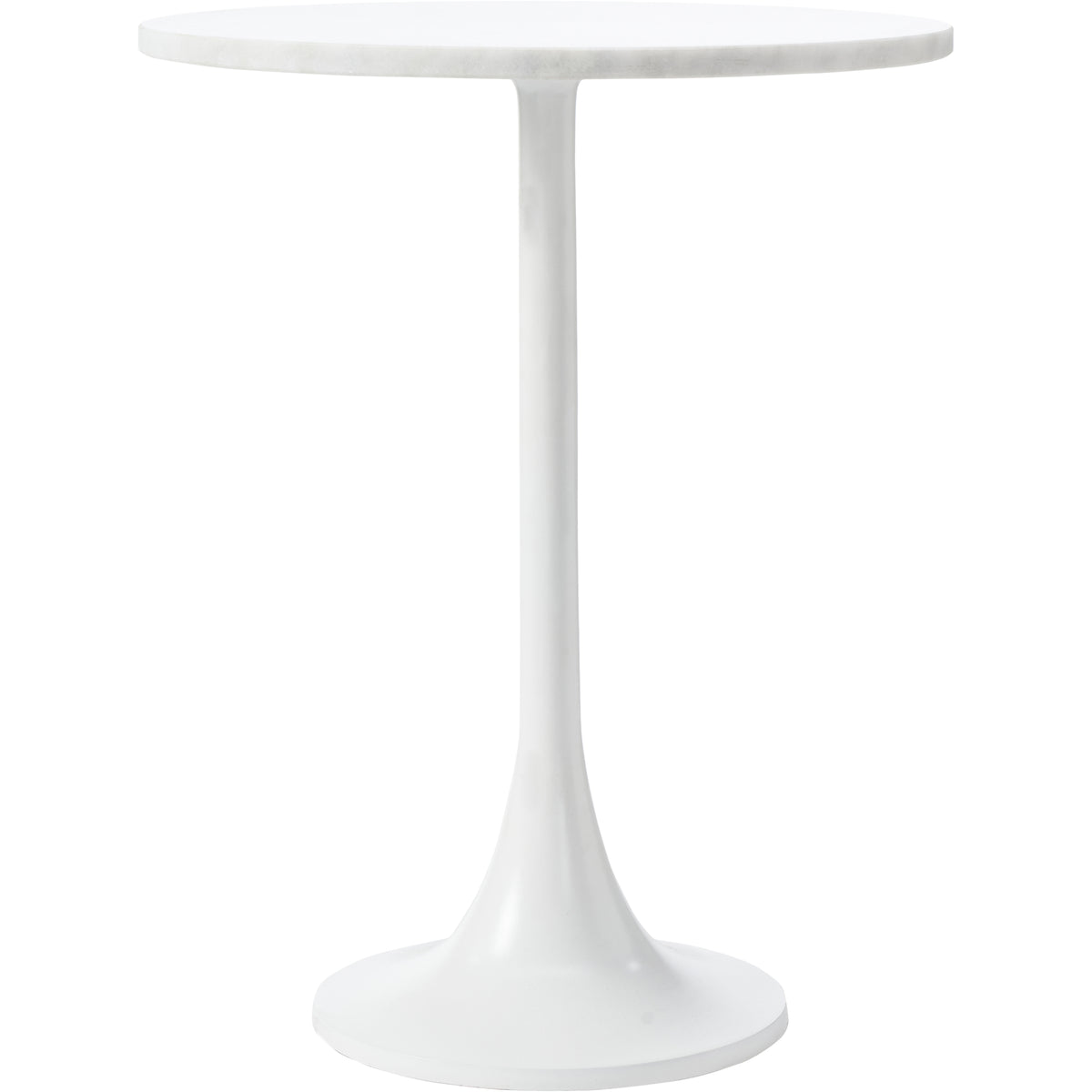 Alina Table in white with a round top and sleek pedestal base, minimalist design.