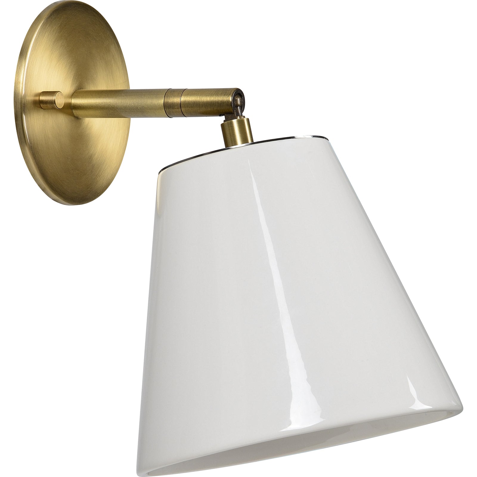 Kai Wall Sconce with a white ceramic shade and brass arm, angled view.