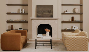 angle view of River Coffee Table Botticino Marble luxury Coffee Table