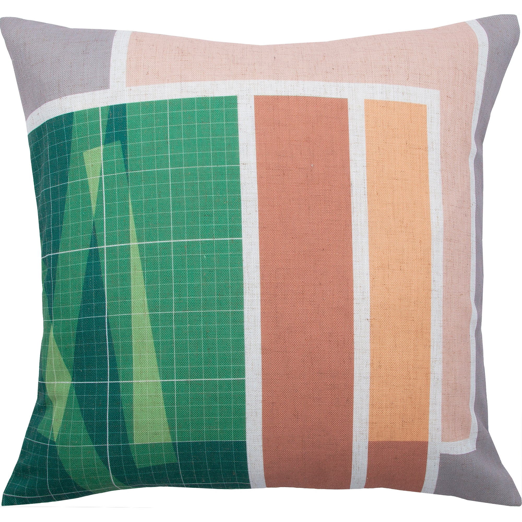 Tomar indoor pillow featuring a geometric pattern in green, pink, and orange hues.