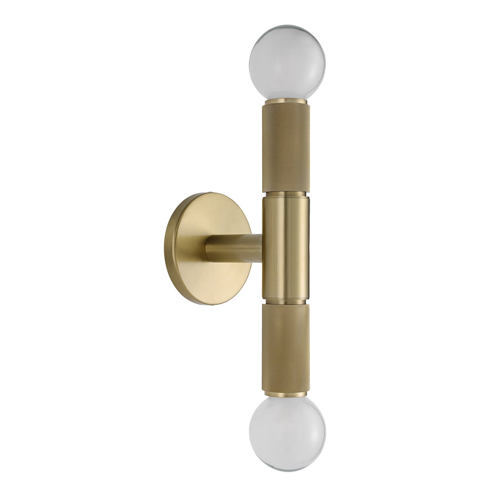 Tovi Wall Sconce in brass with two globes and textured cylindrical details