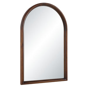 Lanai mirror featuring a dark wood frame with an arched design, angled view