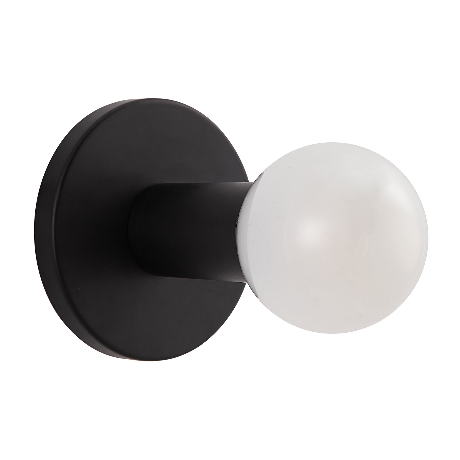 Thessa Wall Sconce with a round white glass shade and black circular frame.