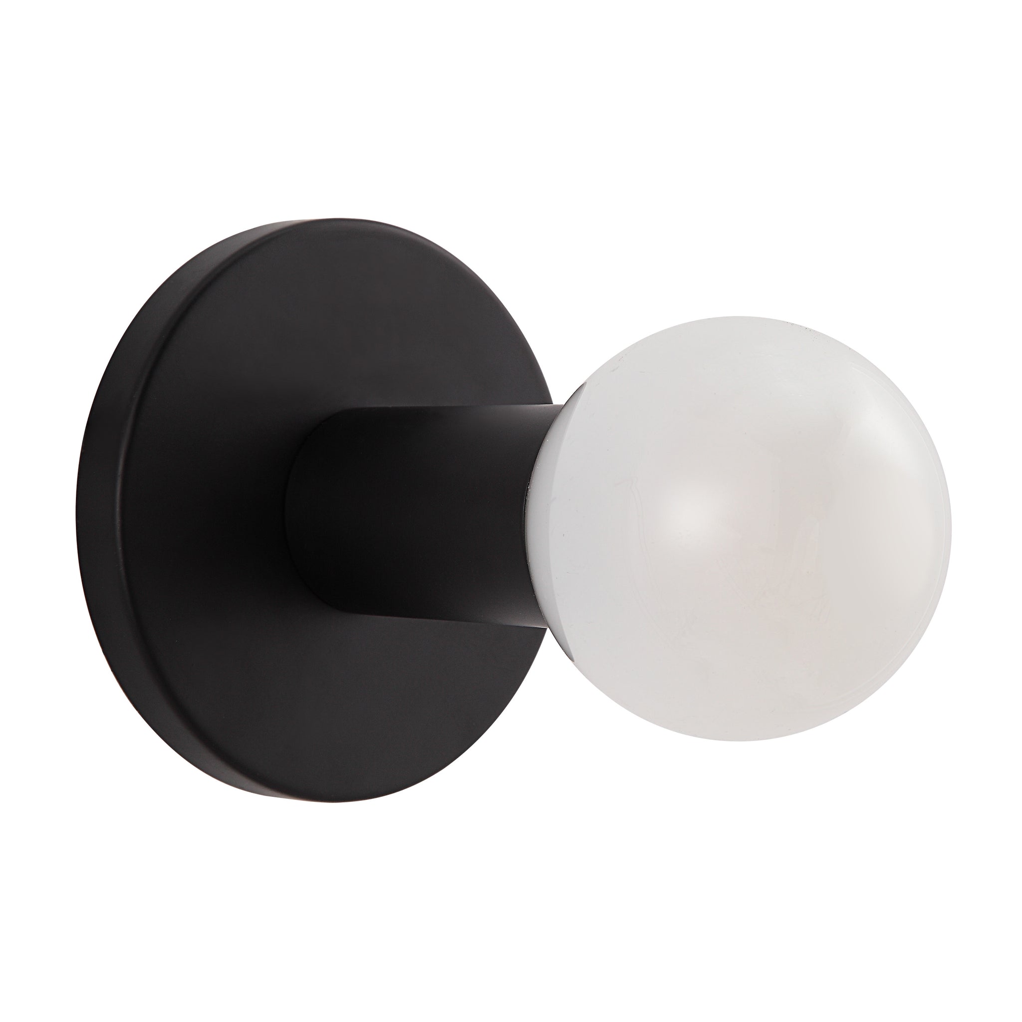 Thessa Wall Sconce featuring a black base with a round white glass bulb.
