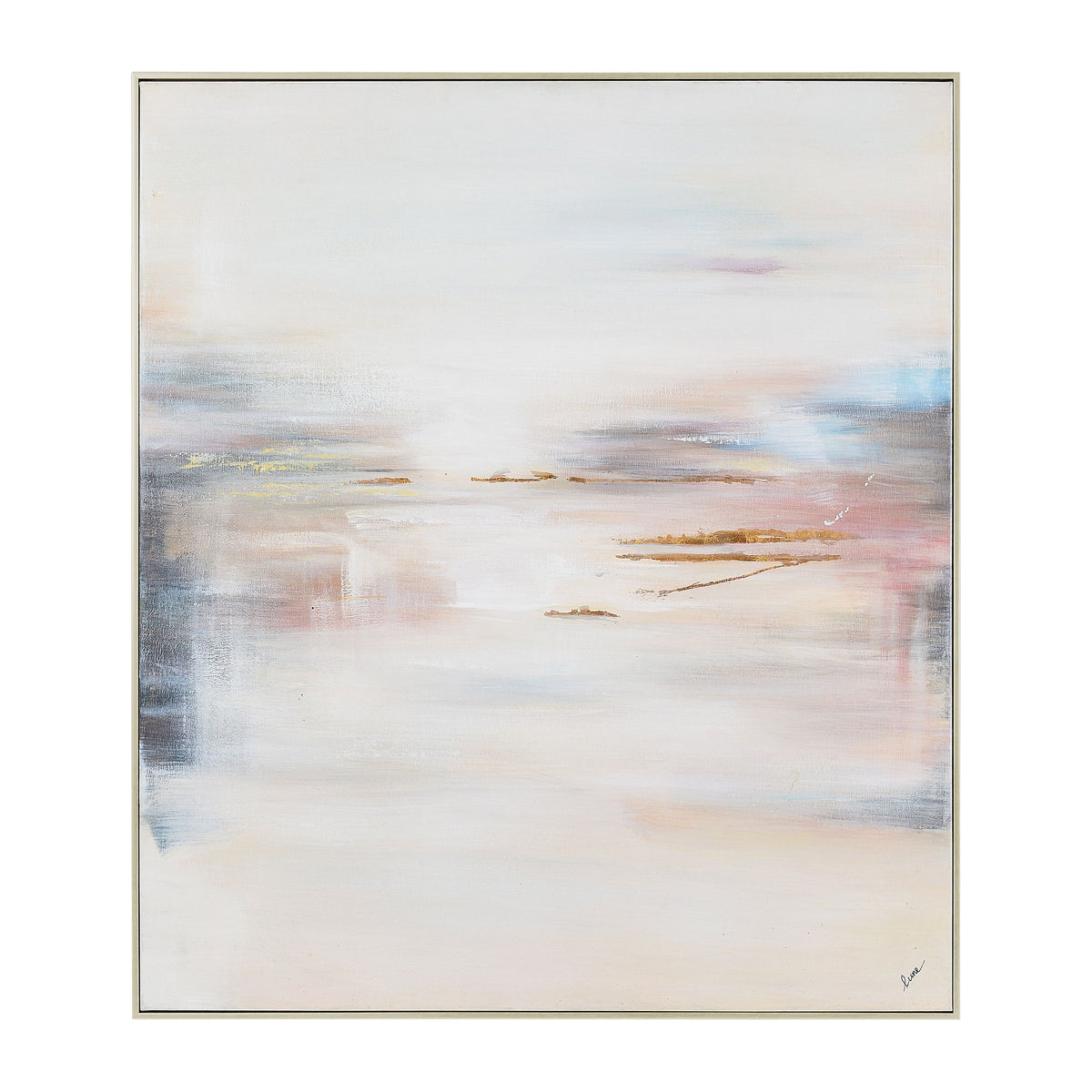 Carina Canvas Art featuring abstract soft hues of beige, pink, and blue with gold accents.