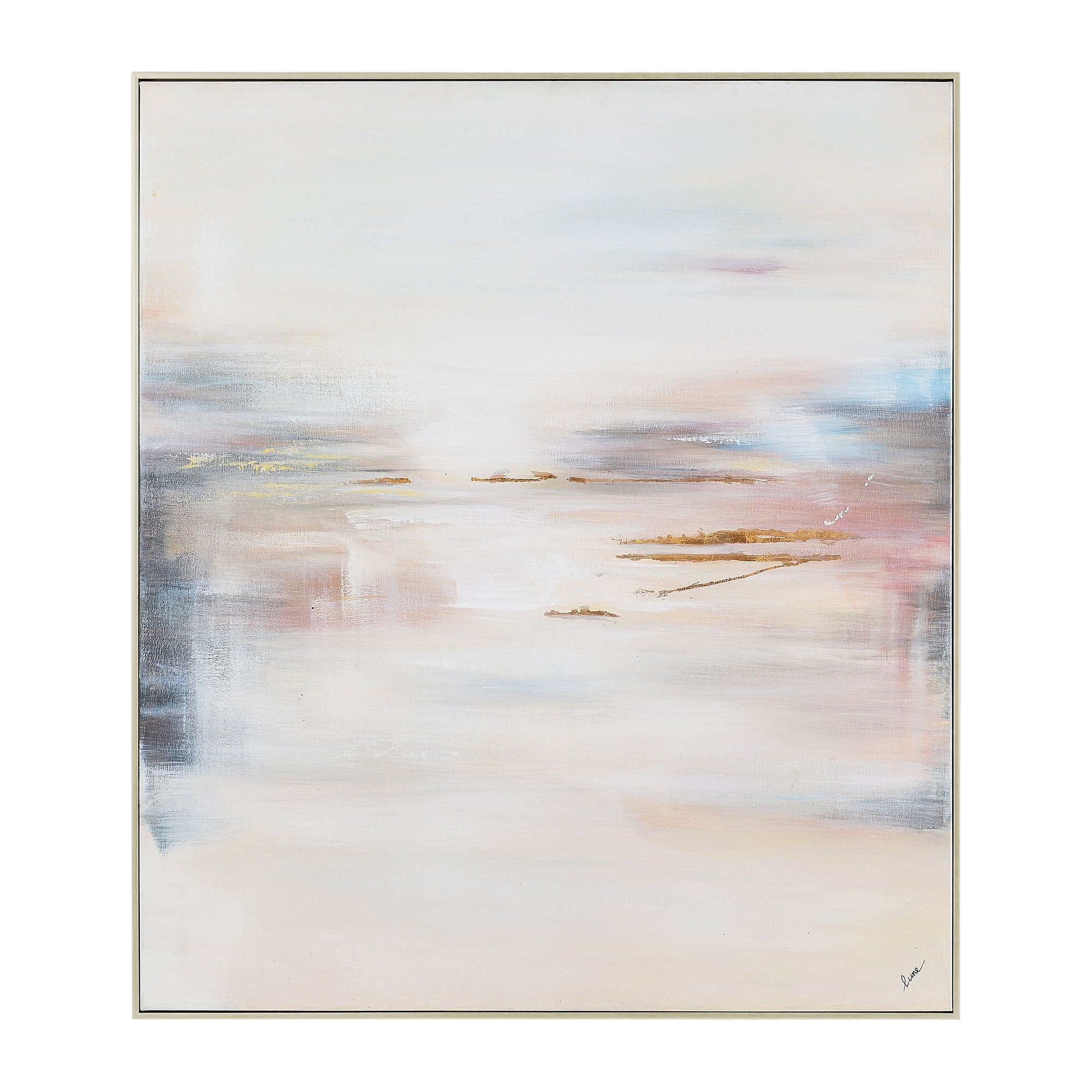 Carina Canvas Art featuring abstract soft hues of beige, pink, and blue with gold accents.