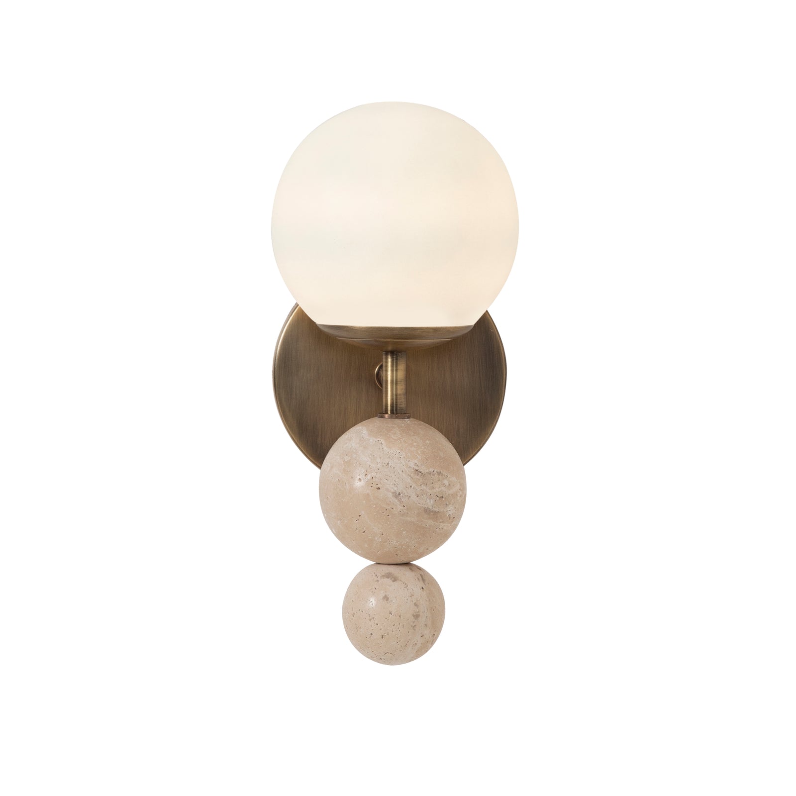 Celestia wall sconce with frosted glass globe and beige stone accents on a brass base