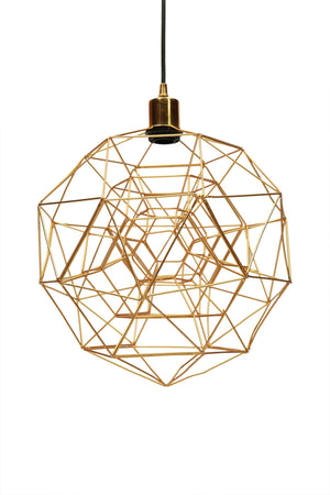 Sidereal ceiling light fixture featuring a gold wireframe structure with a black cord