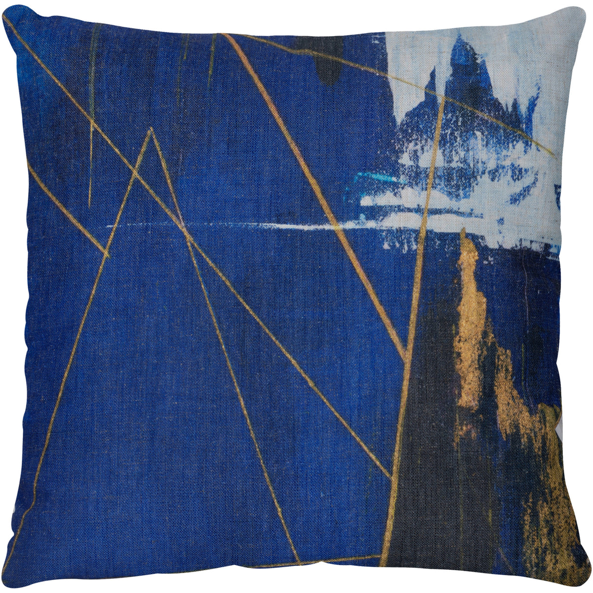 Kasson Indoor Pillow featuring a blue abstract design with gold accents