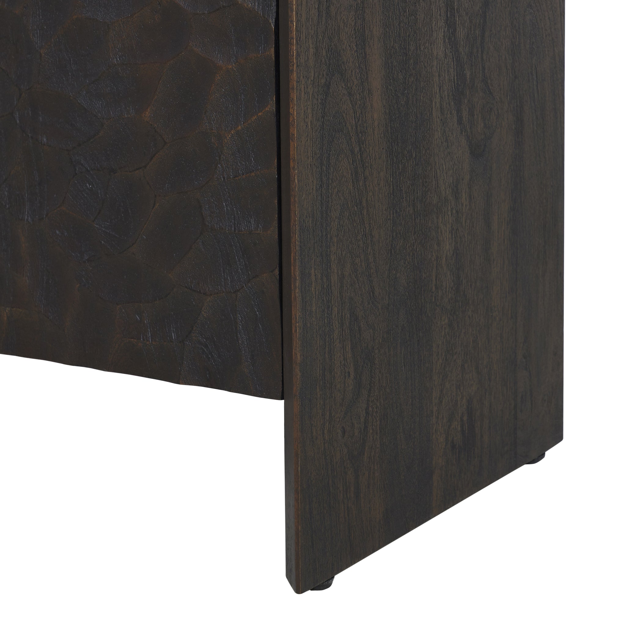 Side view of the Jean cabinet highlighting its textured door and dark finish.