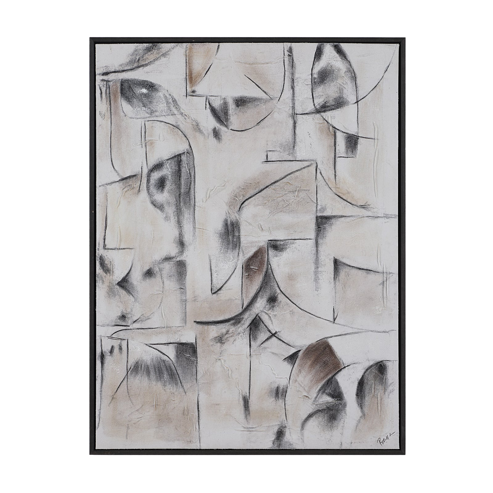 Yann canvas art featuring abstract shapes in beige and black tones with textured details.