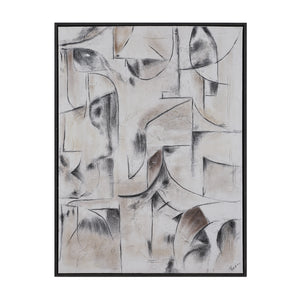 Yann canvas art featuring abstract shapes in beige and black tones with textured details.