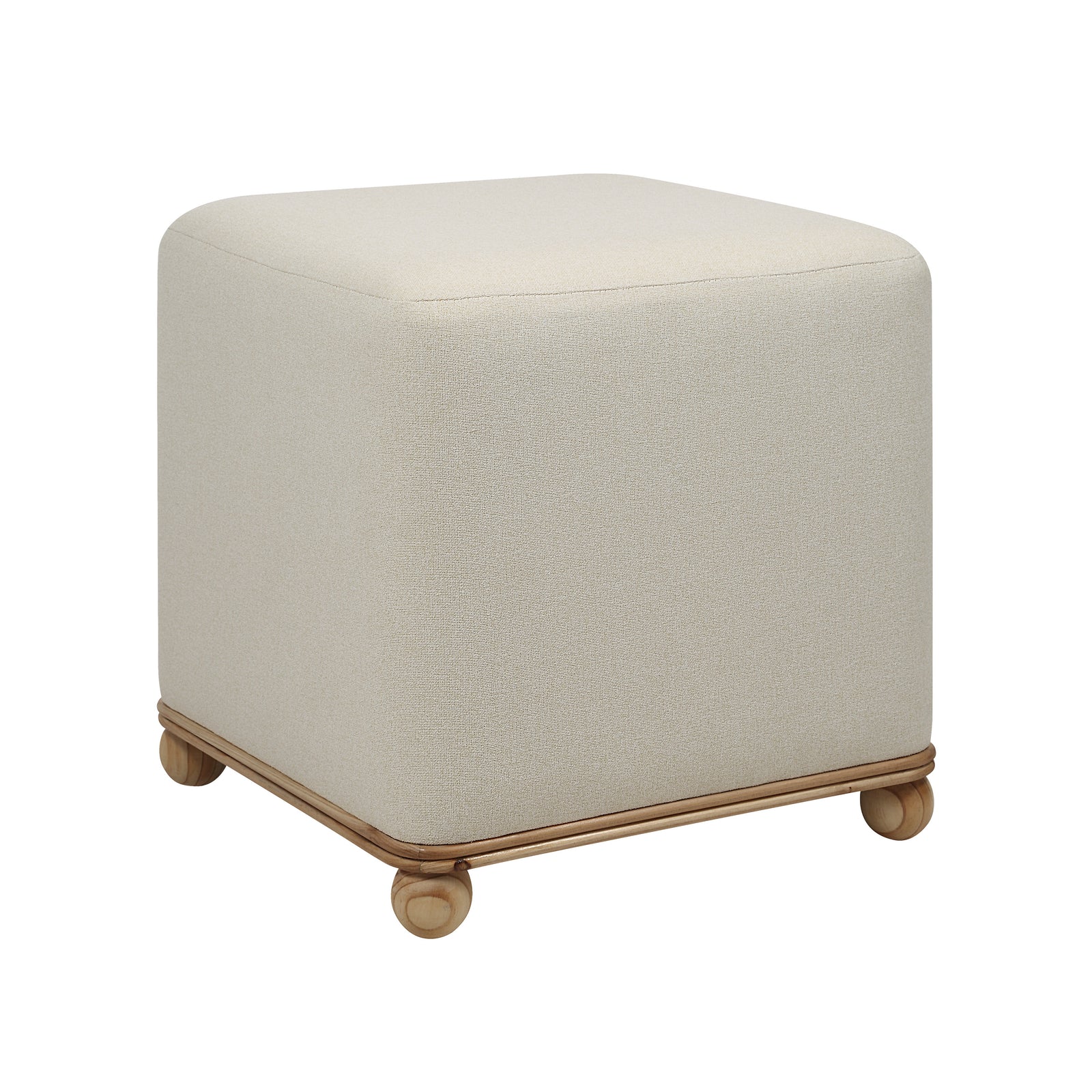 Sines Ottoman in light beige fabric with rounded corners and wooden base