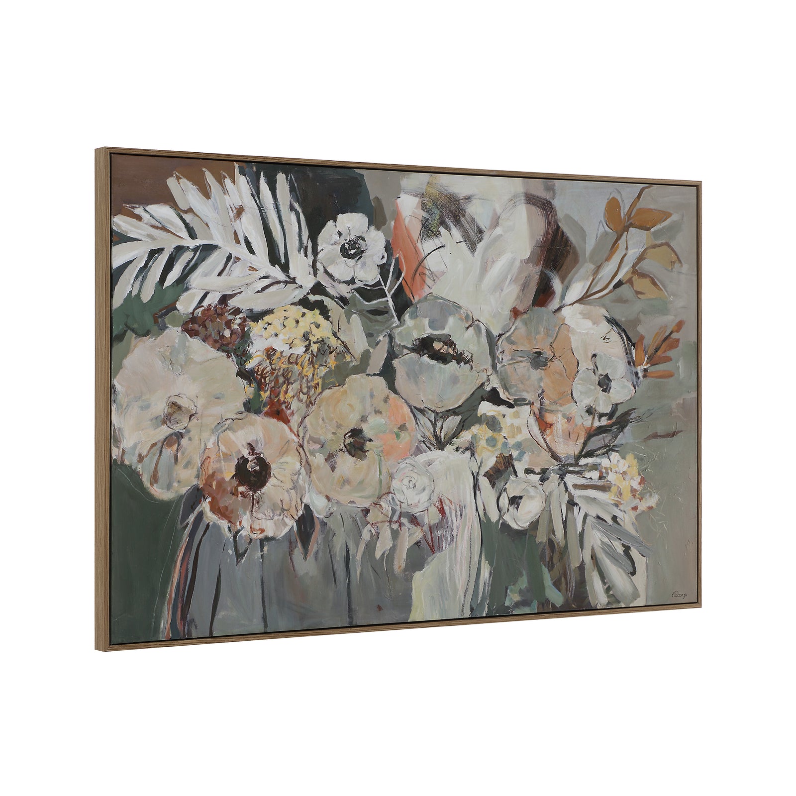 Paine canvas art featuring a floral arrangement with soft colors and abstract leaves.