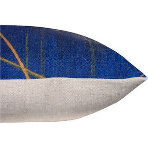 Detailed side view of Kasson Indoor Pillow highlighting blue design and beige bottom