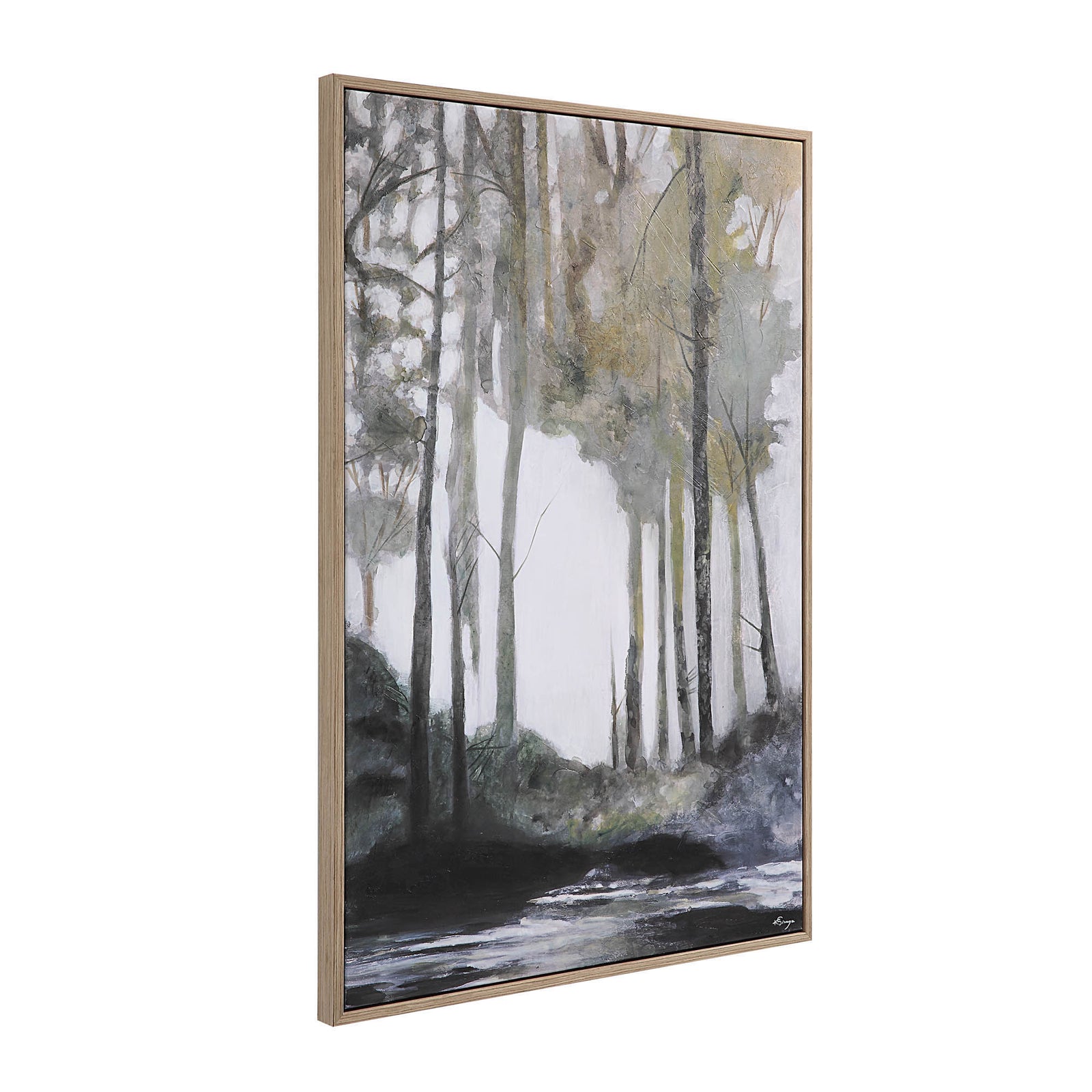 Catania canvas art featuring a serene forest scene in muted colors with tall trees and a river.