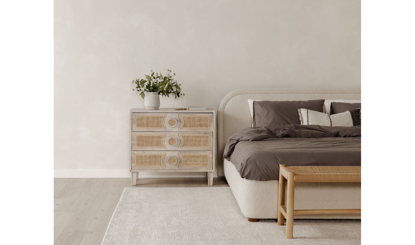 lifestyle view of Colin King Bed Beige luxury Beds & Bed Fram