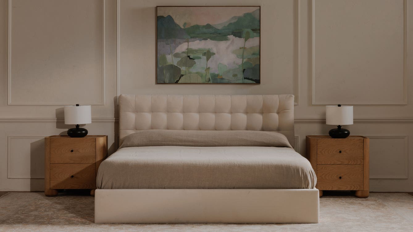 angle view of Sebastion Queen Storage Bed Cream luxury Beds & Bed Fram