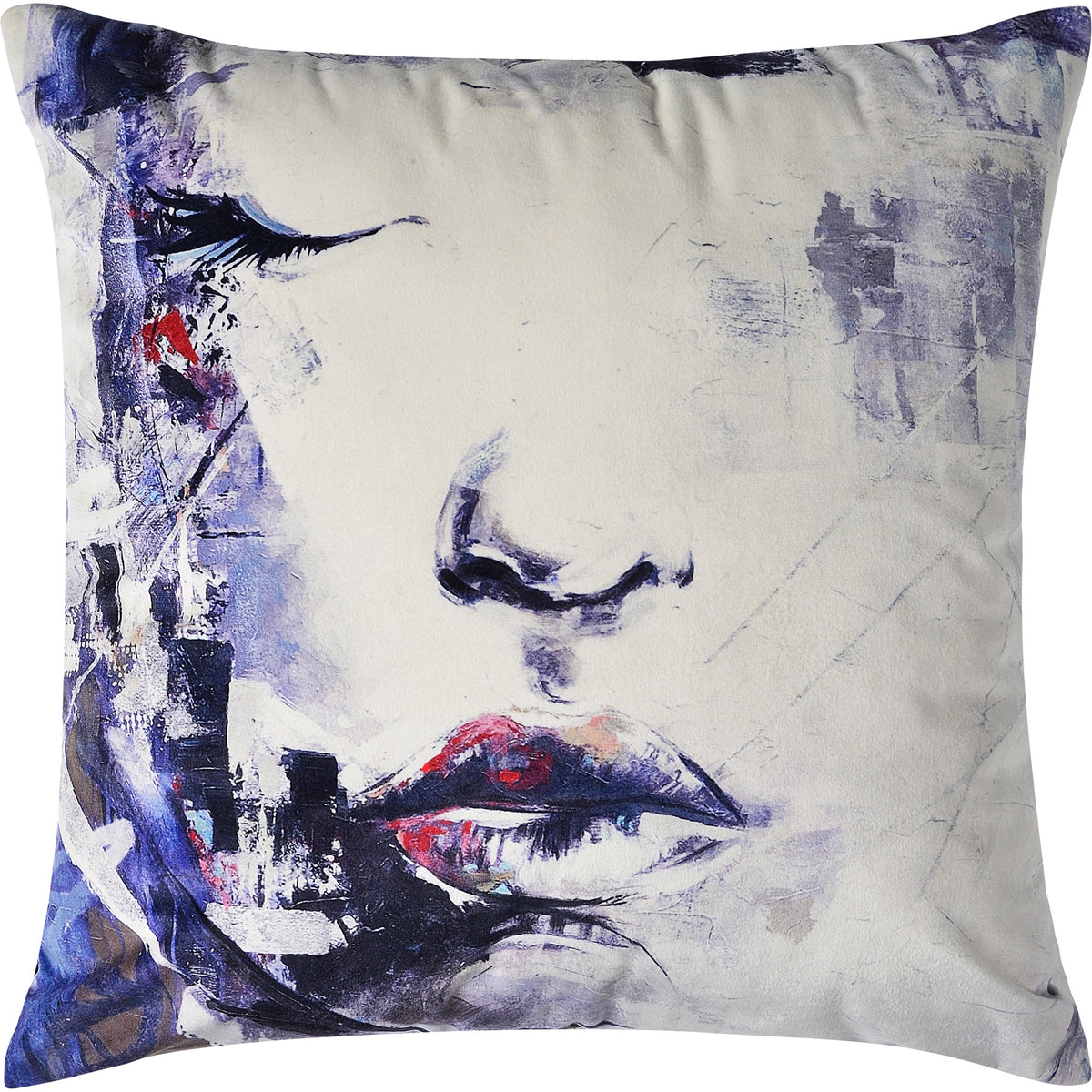 Annika Indoor Pillow featuring abstract face art in blue and red tones on a cream background