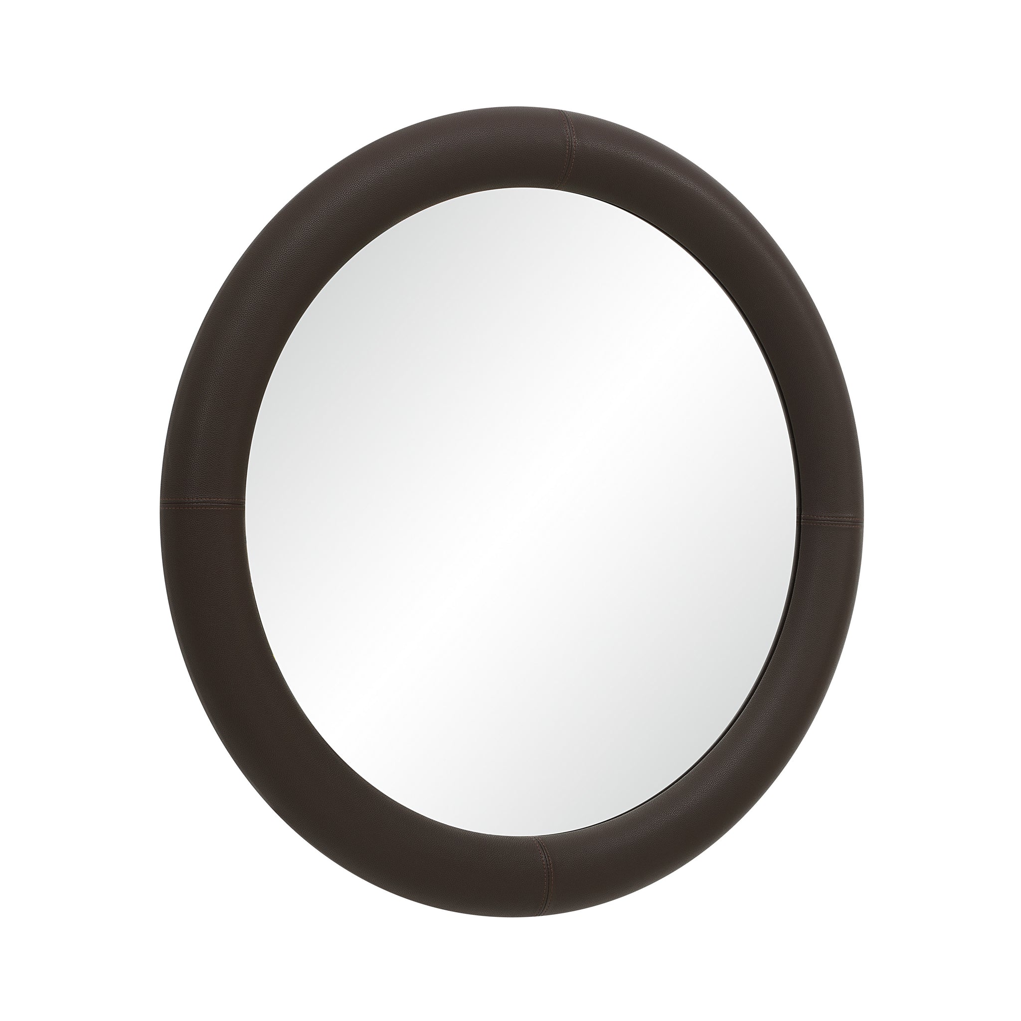 Potro mirror featuring a circular brown leather frame and clear mirror.