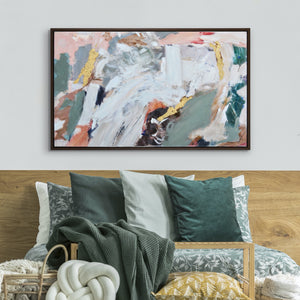 Zoya Canvas Art by Renwil displayed above a bed, complementing decorative pillows and a cozy throw