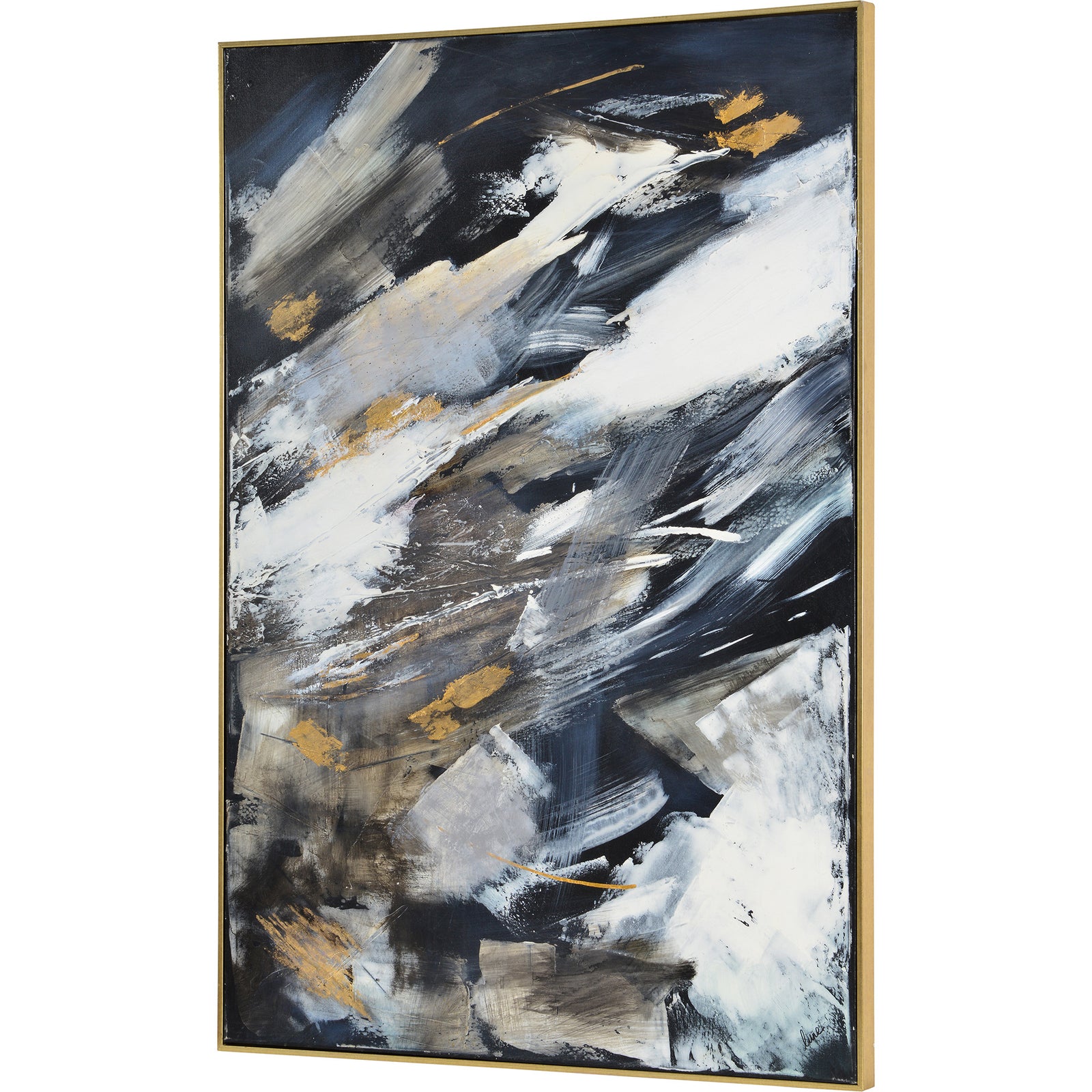 Westmount canvas art featuring abstract brush strokes in black, white, and gold.