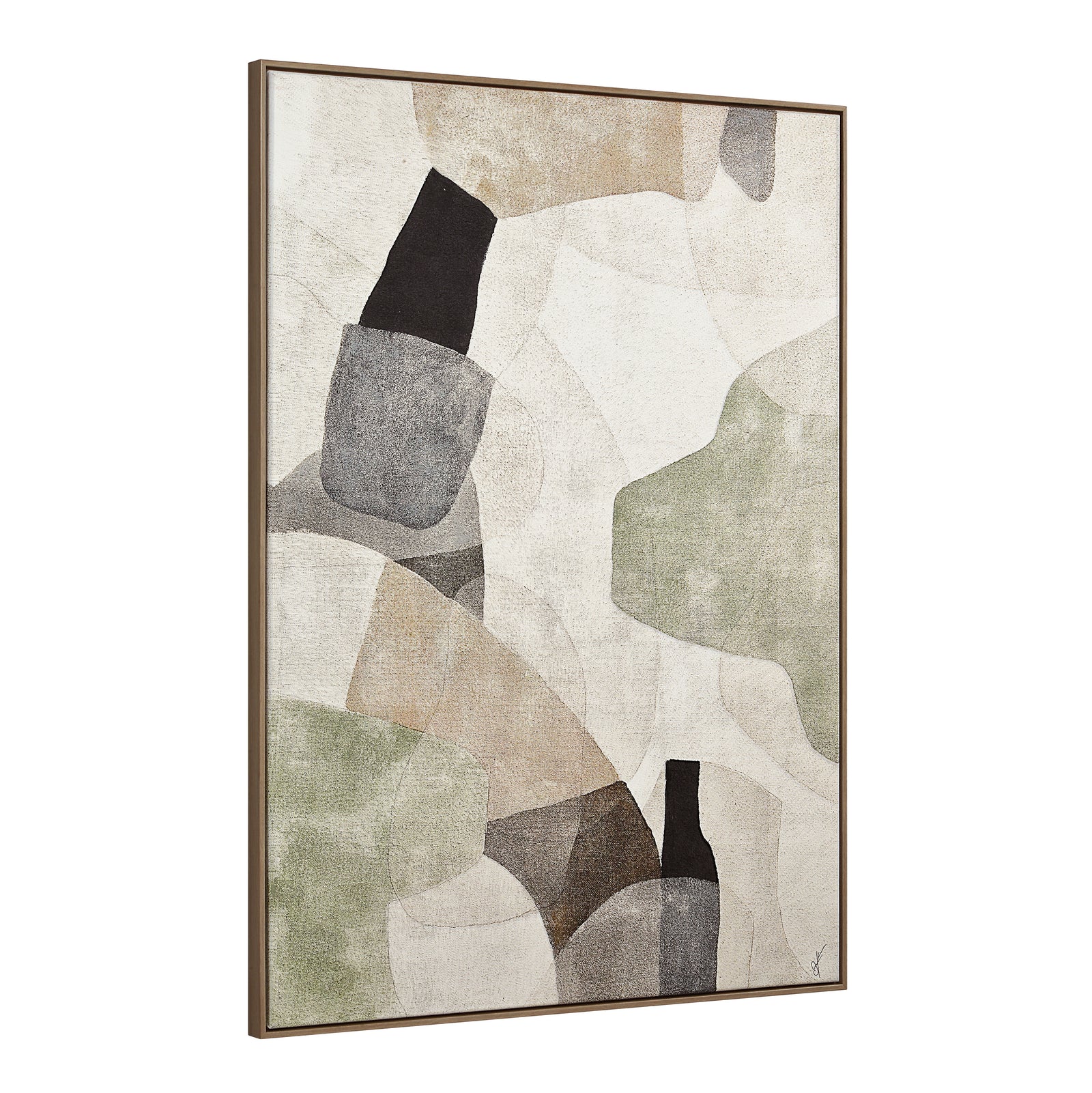 Nala Canvas Art featuring abstract shapes in earthy tones of green, beige, and black.