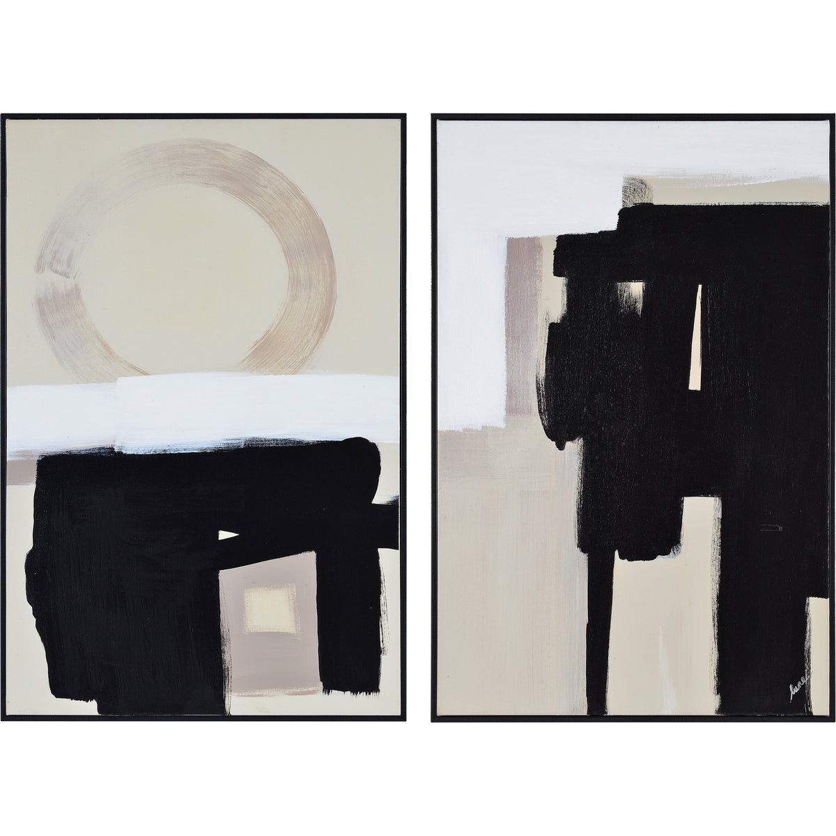 Telesto Canvas Art featuring abstract black and beige designs with circular and rectangular shapes.