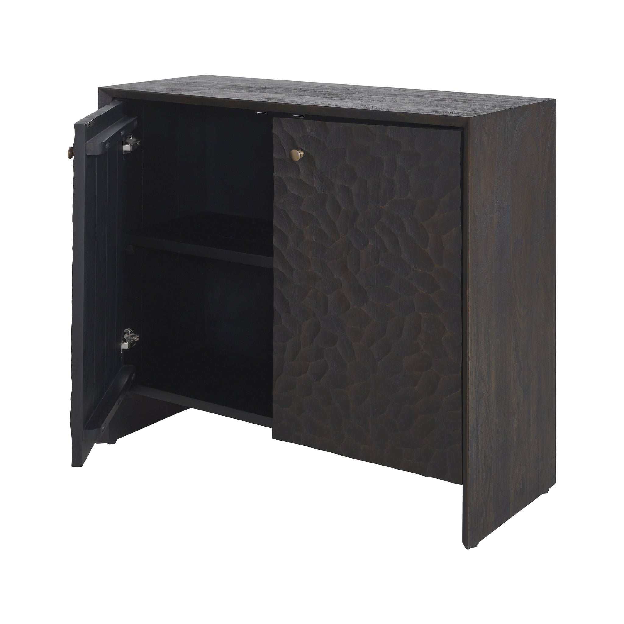 Jean cabinet by Renwil showing an open door and interior shelves.