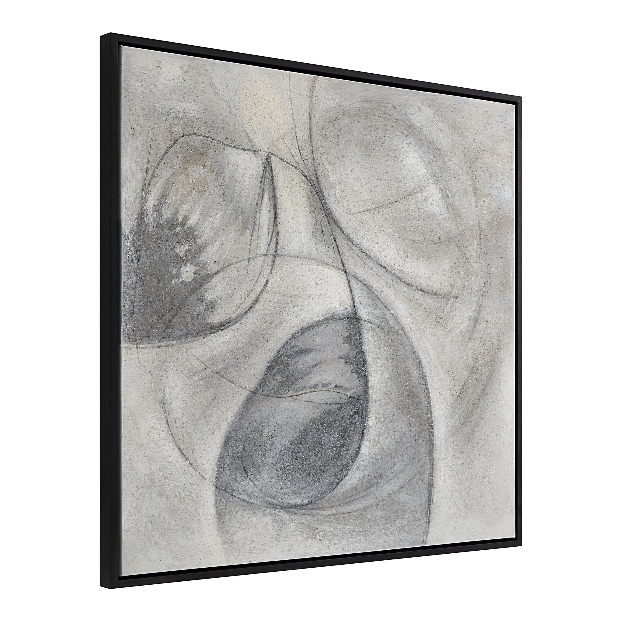 Webb canvas art displayed at an angle, showcasing abstract gray and black shapes on a textured surface.