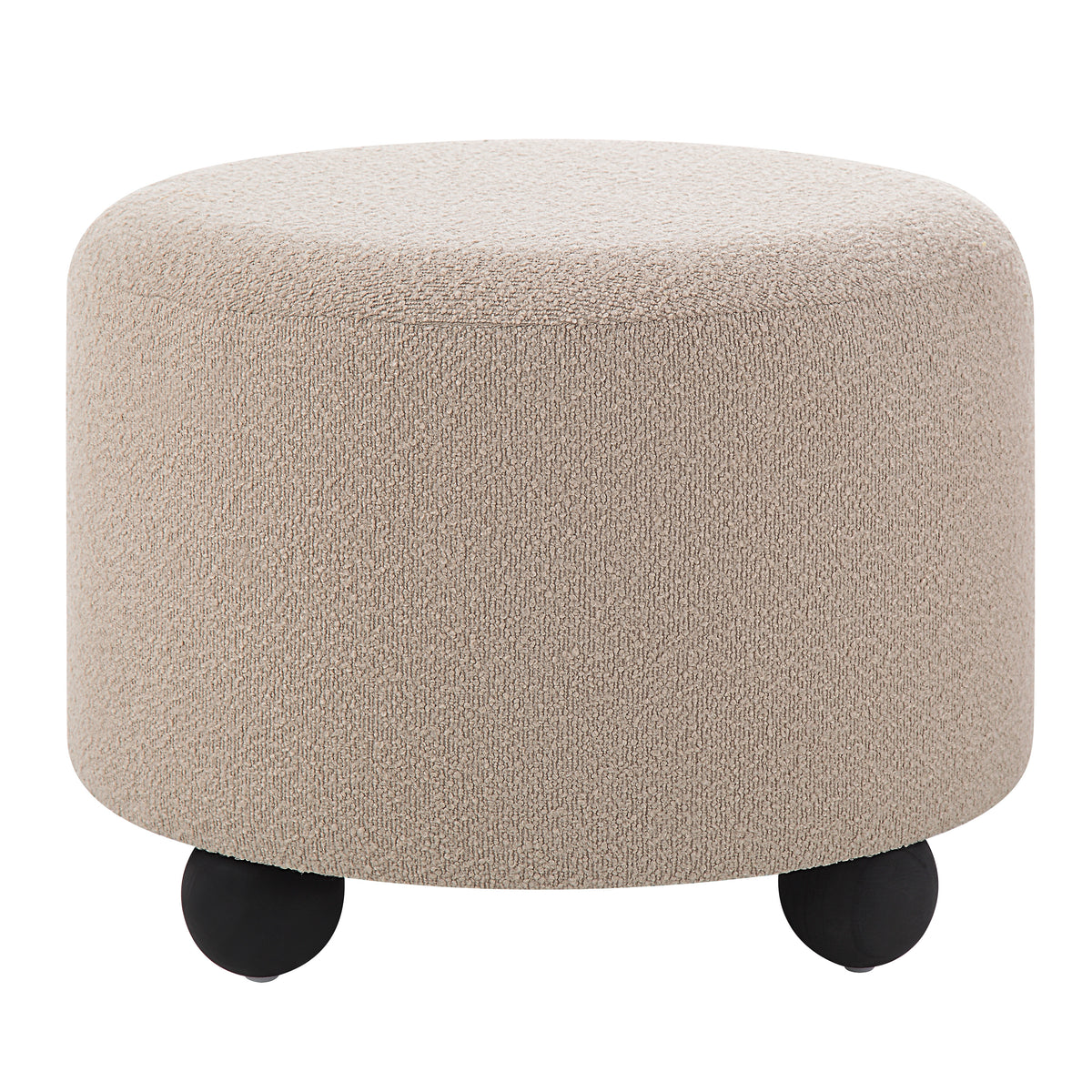 Claude Ottoman in beige fabric with round shape and black wooden legs
