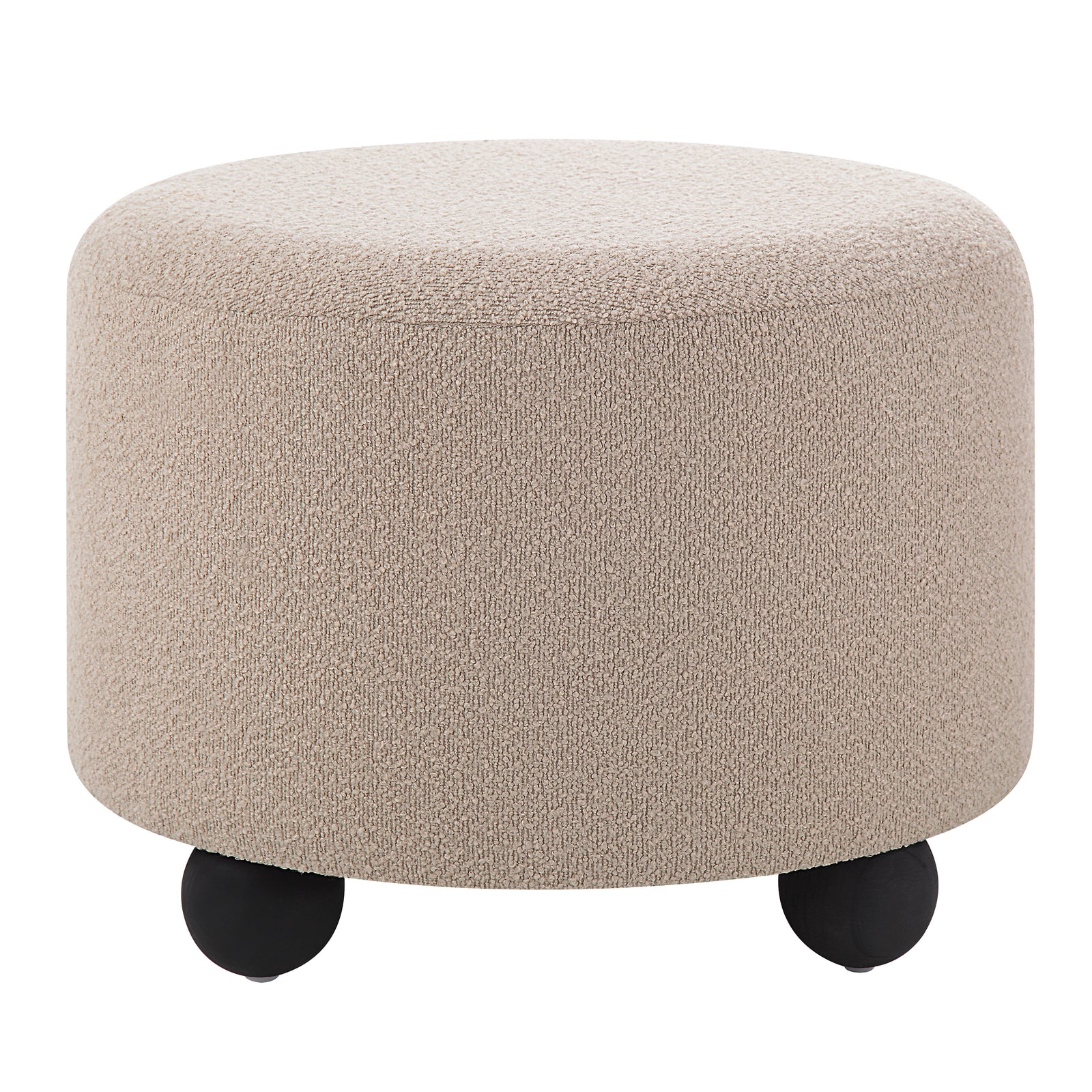 Claude Ottoman in beige fabric with round shape and black wooden legs