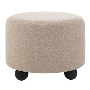 Claude Ottoman in beige fabric with round shape and black wooden legs