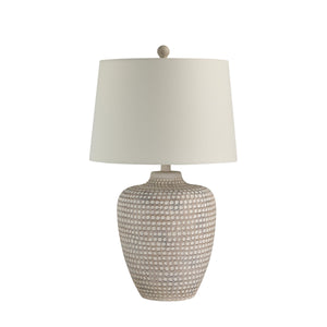 Albacete table lamp with a textured beige ceramic base and a white fabric shade.