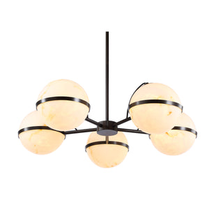 Roca ceiling fixture featuring five illuminated white marble globes with black metal bands, viewed from below.