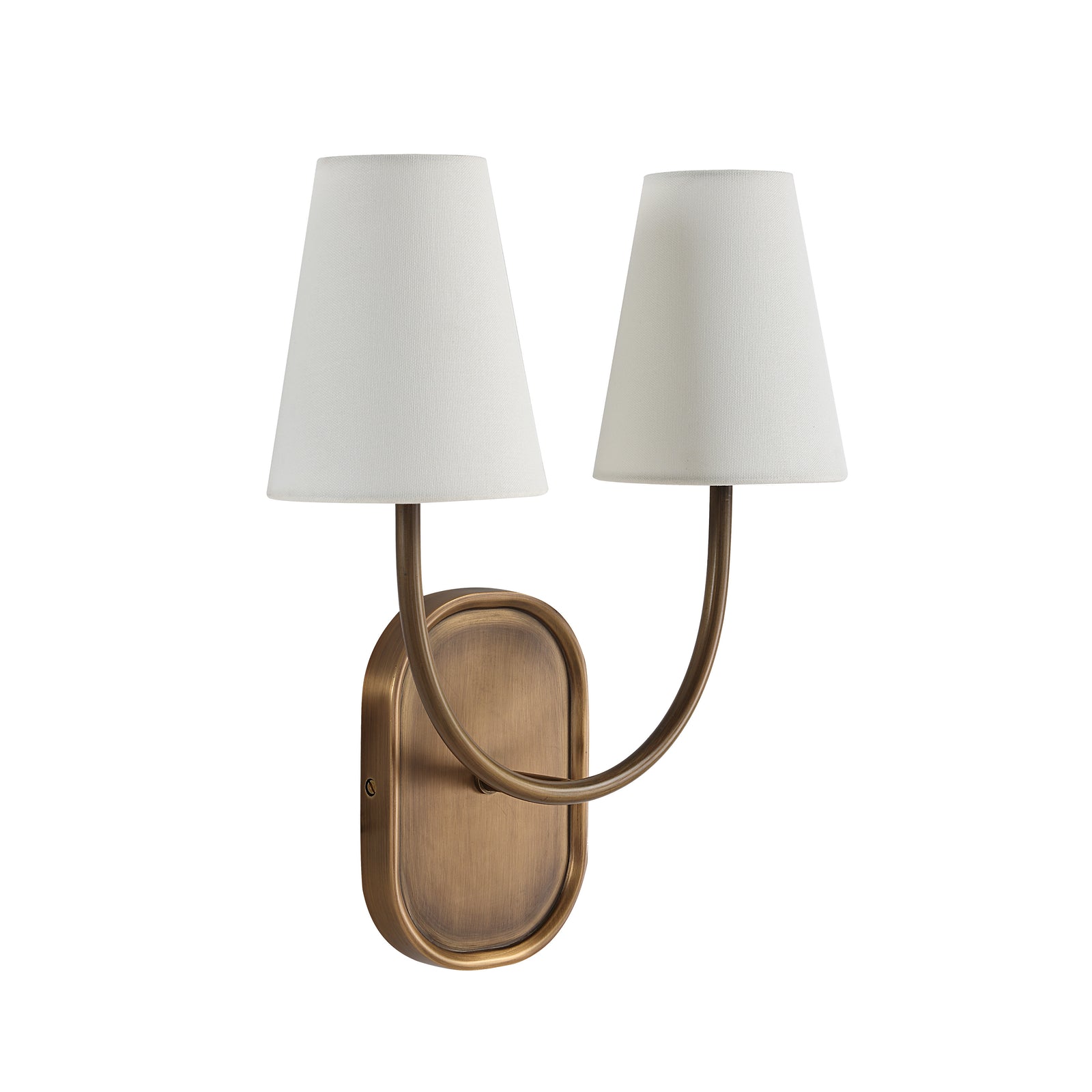 Maddie wall sconce with two white fabric shades and an antique brass finish