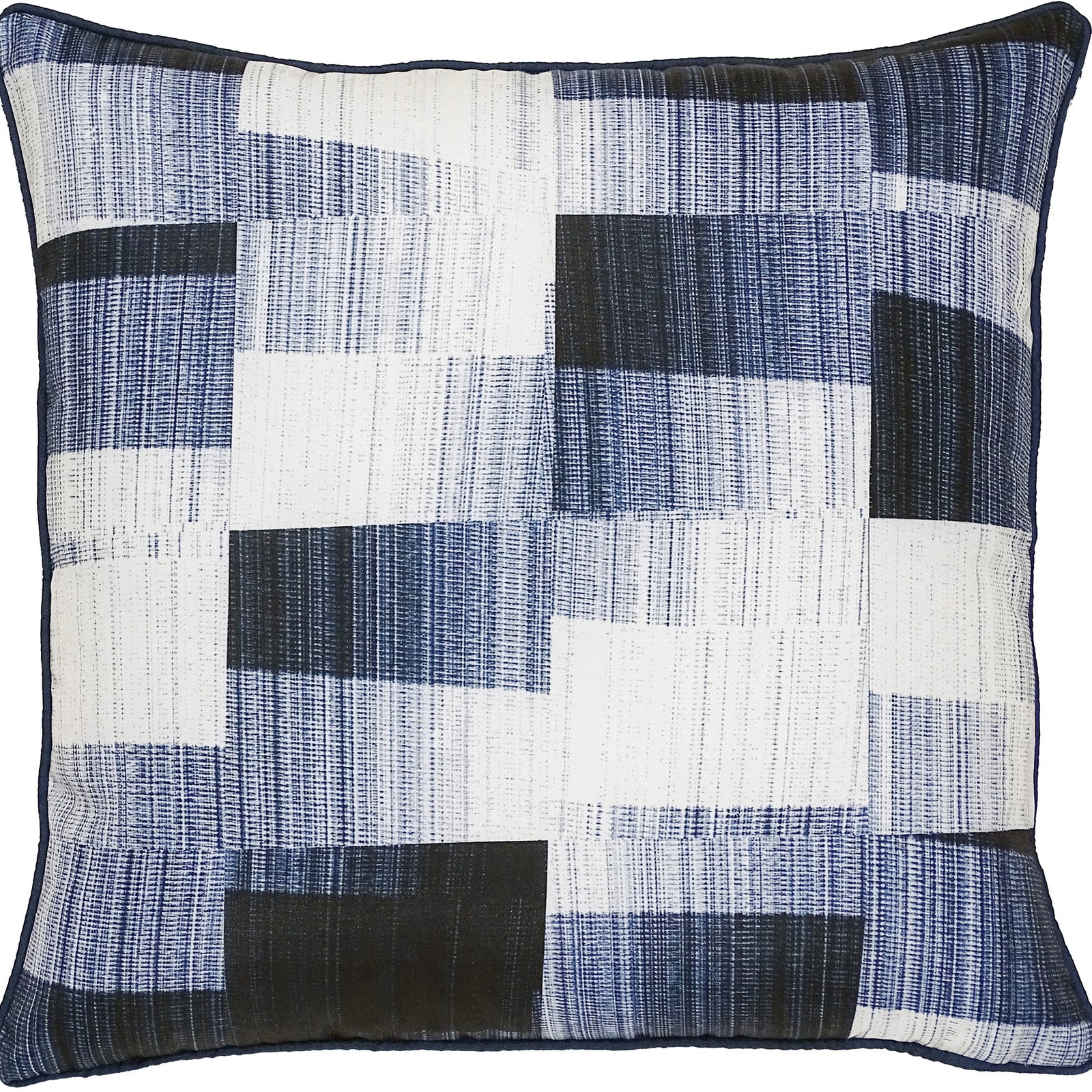 Miltone Outdoor Pillow featuring a geometric patchwork design in navy blue, white, and black colors, made from textured fabric.