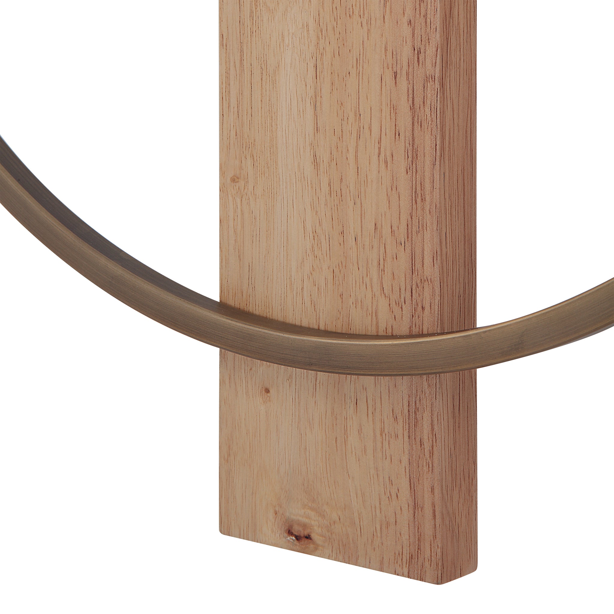 Close-up of Pollux Wall Clock showing wooden base and gold circular frame.
