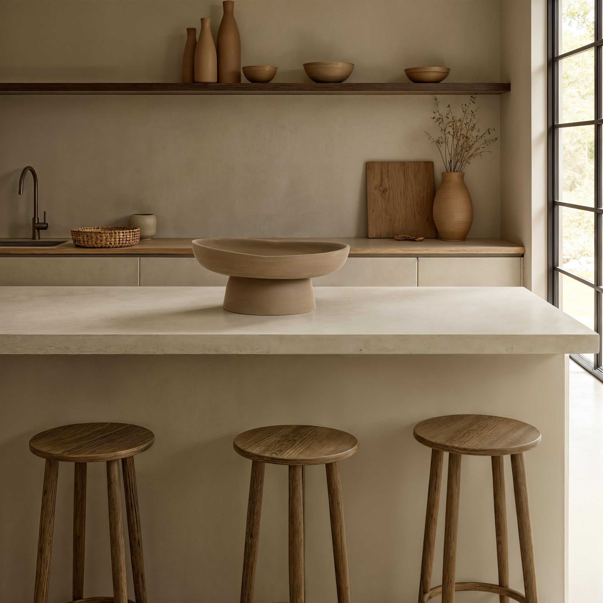Blouin Vase by Renwil on a kitchen island, surrounded by wooden stools and minimalist decor.