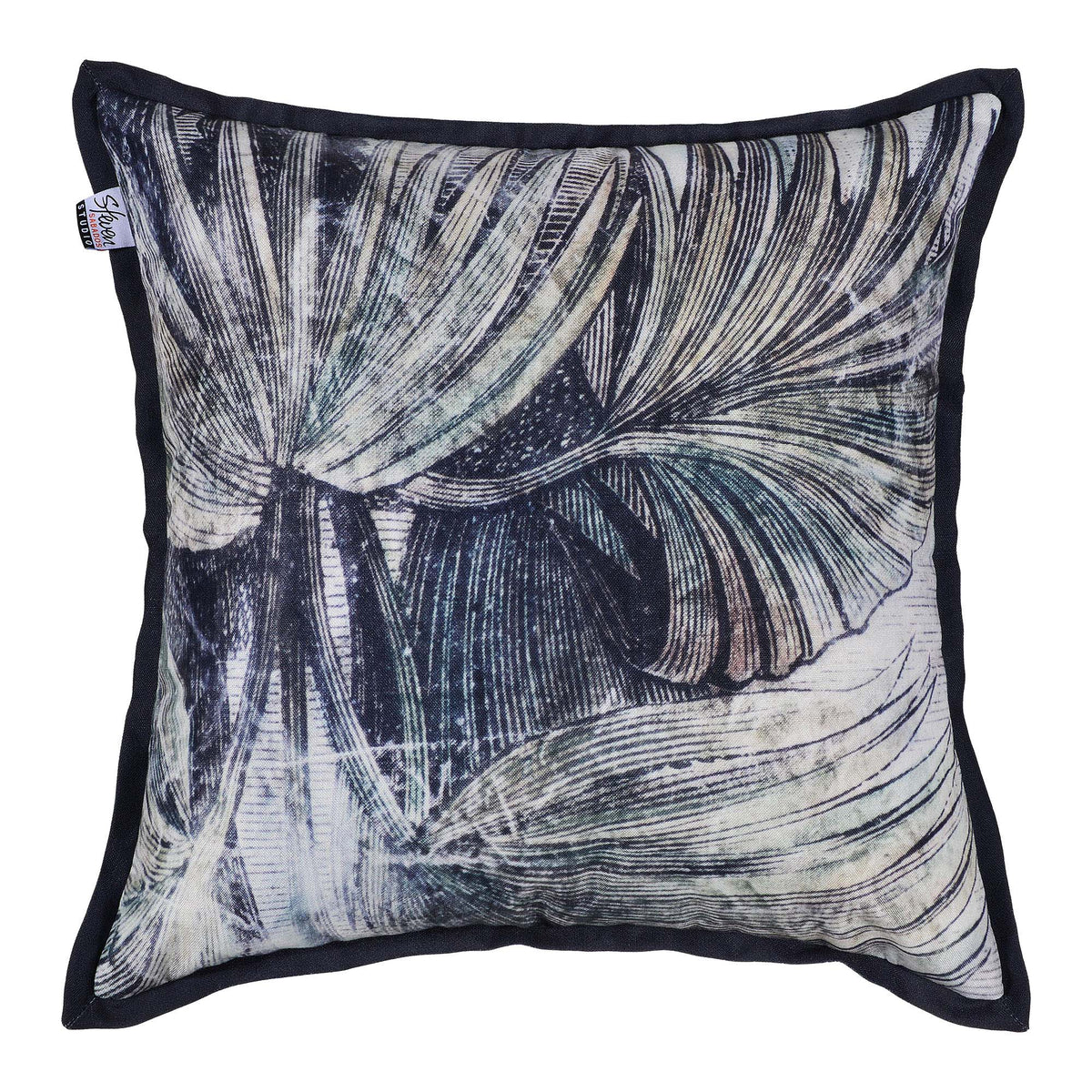Mangrove Indoor Pillow featuring a black and white palm leaf design with a dark border.